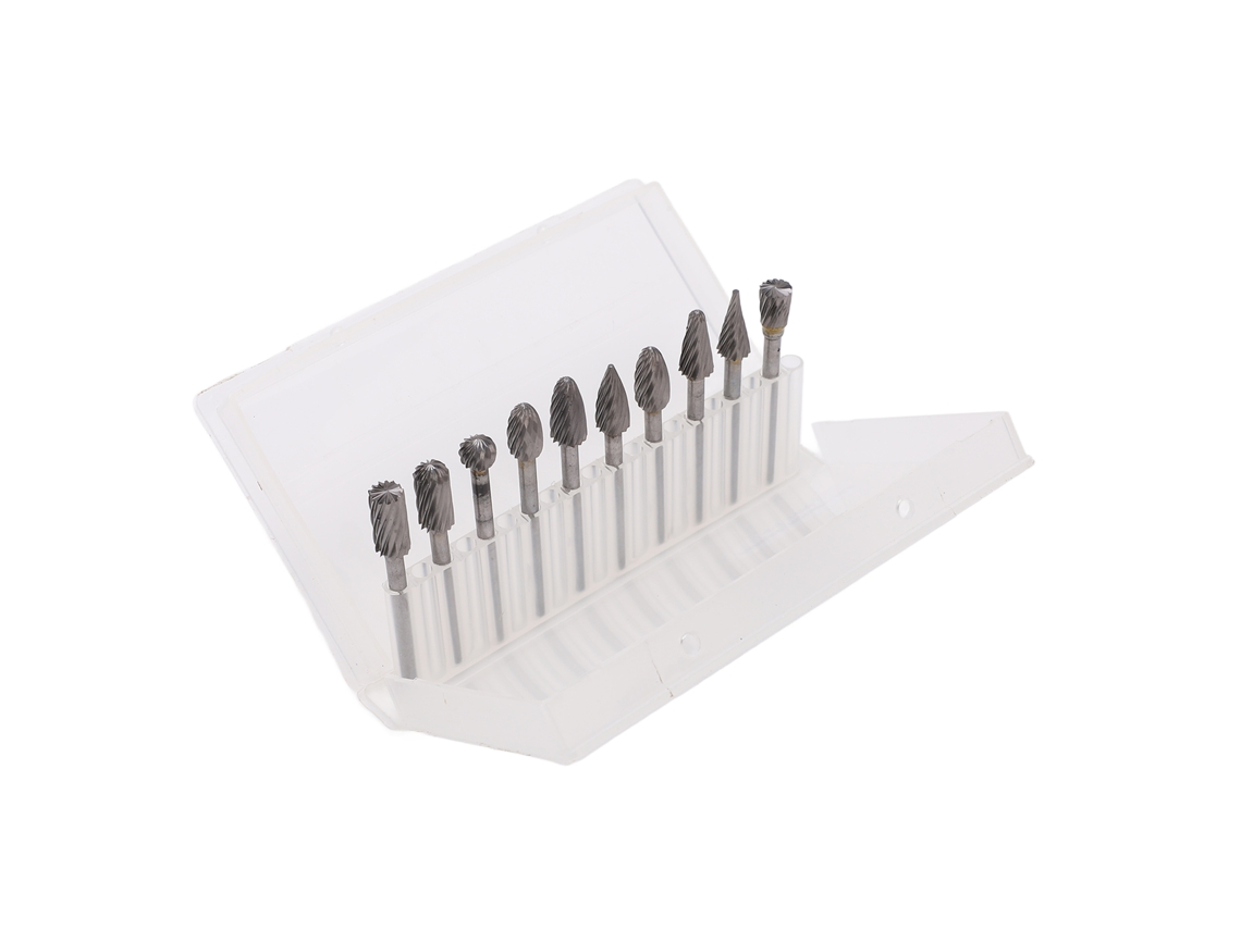 Conjunto de 10 brocas rotativas de metal duro para desbaste e chanframento.