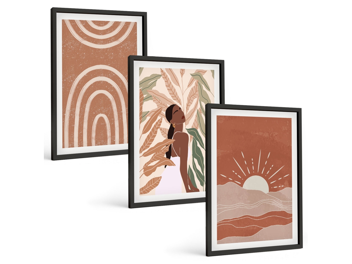 Um Conjunto De Imagens Decorativas Em Uma Moldura Formas Abstratas Boho Moldura Preta Quadros Para O Escritório Espelharte (3 Piezas De 40x60 Cm)