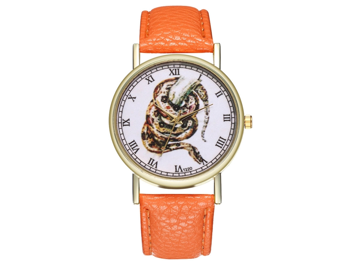 Relógio de quartzo casual unissex com pulseira de couro PU e mostrador redondo laranja.