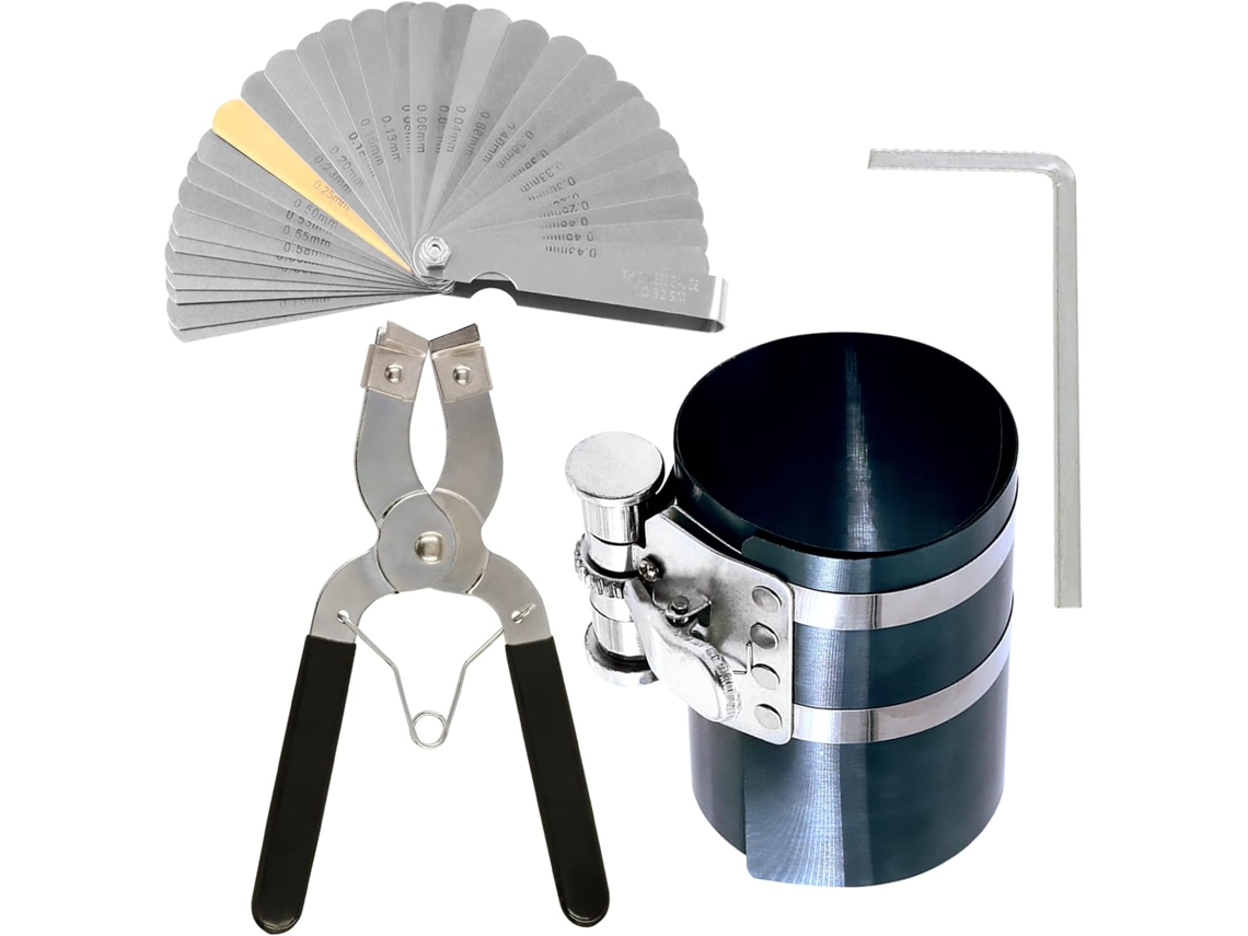 Compressor de anéis de pistão de 4 peças de 4 polegadas e ferramenta ajustável de montagem de pistão, alicate de instalação e remoção com chave e K