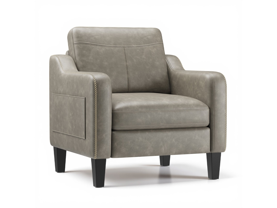 Smartue Poltrona Auxiliar Moderna Em Pu, Estilo Mid-century, Com Arrumação Lateral, Conforto Ergonómico Para Sala De Estar E Escritório, Cinzento