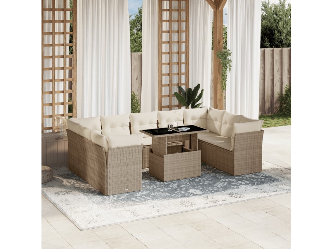 Vidaxl 10 Pcs Conjunto De Sofás P/ Jardim Com Almofadões Vime Pe Bege