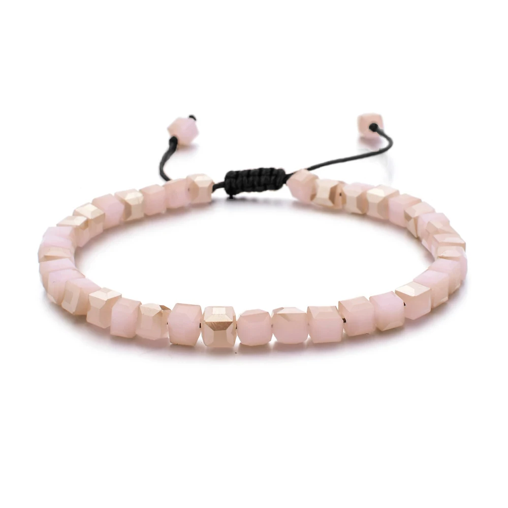 Pulseira Quadrada Com Contas De Cristal E Cordão Trançado Ajustável.
