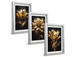 Composição De Quadros Flores, Amarelo, Fundo Escuro Espelharte (3 Peças 20x30 Cm)