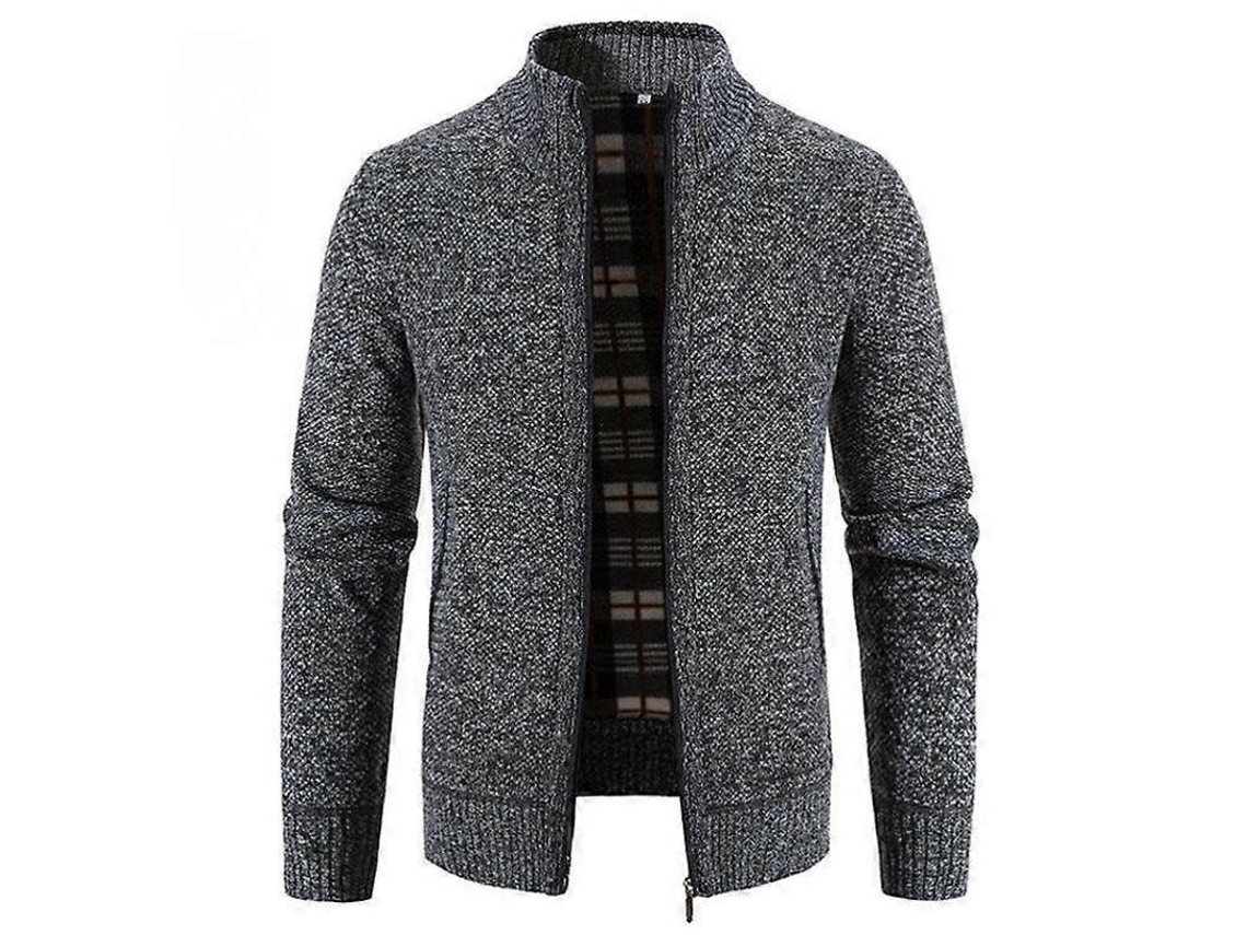 Suéter Cardigan Gola Alta Manga Longa Plus Size Com Tecido Poliéster - Modelo Solto E Acolchoado Cinza Escuro