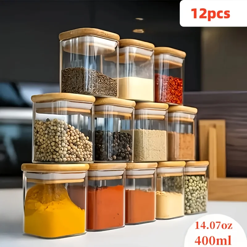 (450ml - 12 Frascos) Potes De Vidro Quadrados Herméticos, Para Armazenamento E Organização Na Cozinha, Com Tampas De Bambu.