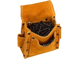 Cinto de ferramentas amarelo em couro com bolsas ajustáveis para carpintaria e construção civil.