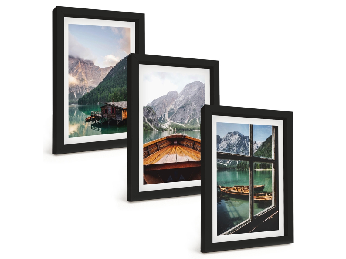Composição De Quadros Lago Na Montanha, Barco, Chalés Espelharte (3 Peças 20x30 Cm)