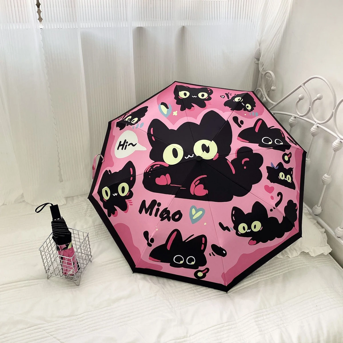 Guarda chuva Triplo Totalmente Automático, Design Fofo, Ideal Tanto para Dias Ensolarados Quanto Chuvosos. MDUG (gato)