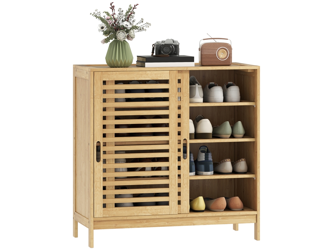 Sapateiro 2 com Portas de Correr e Prateleiras Ajustáveis para 16 Pares 80x35x80 Cm Natural S/MARCA