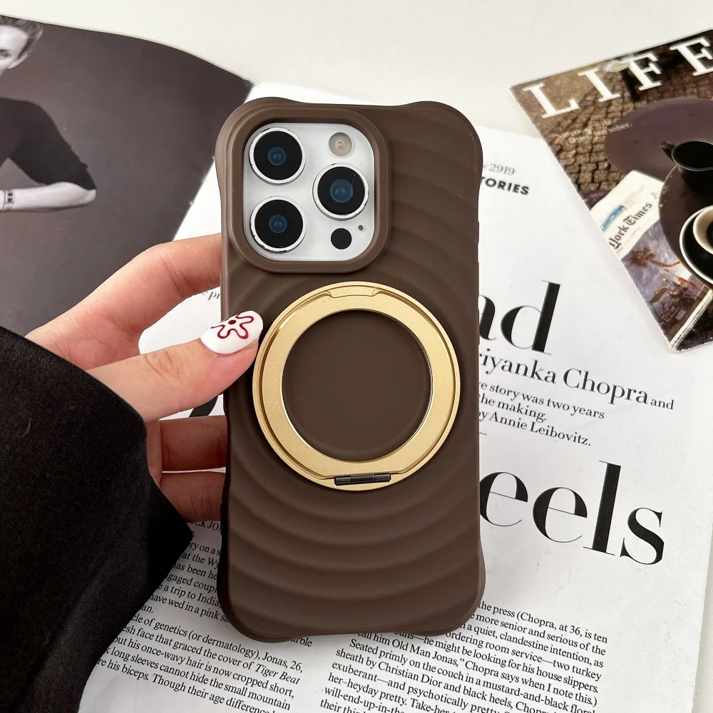 Capa De Celular Corrugada Com Adesivo De Silicone Líquido (marrom) Para Iphone 16 Plus Com Suporte Magnético.
