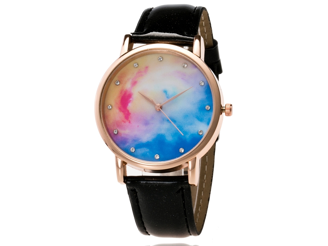Relógio de Pulso de Quartzo com Pulseira de Couro Pu Dial Céu Estrelado Fashion Preto