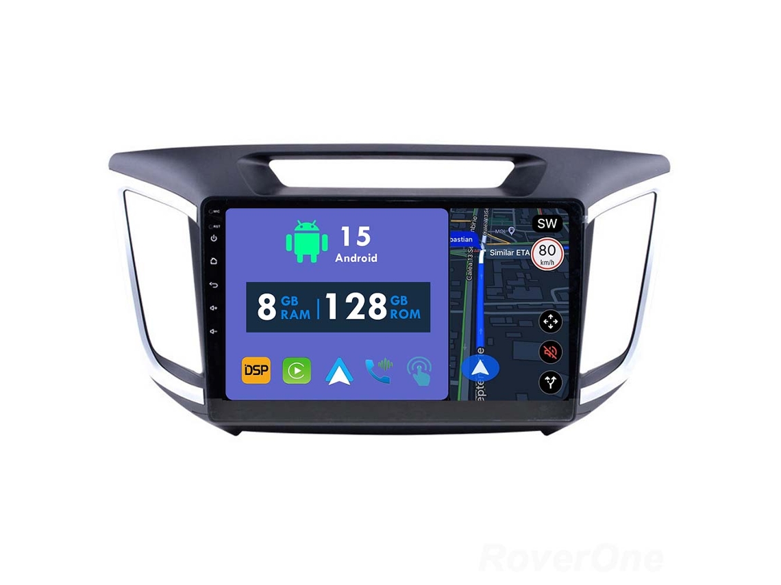 Auto Rádio Carro Bluetooth Autoradio 8GB RAM 128G ROM CarPlay Navegação GPS Ecrã Táctil RoverOne para Hyundai Creta IX25 2015-2019  