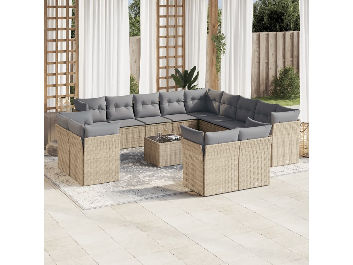 14 Pcs Conjunto De Sofás P/ Jardim Com Almofadões Vime Pe Bege Dkd Home Decor
