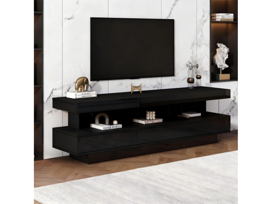 Suporte para TV LYYTUNG Branco Brilhante (160x38x50,5 cm) para TVs de 70 polegadas com 3 painéis de vidro LED controlados por aplicativo Bluetooth.