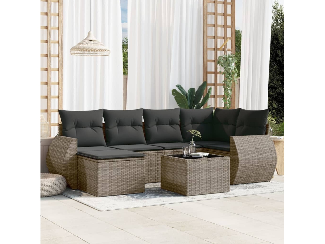 Vidaxl 7 Pcs Conjunto Sofás P/ Jardim C/ Almofadões Vime Pe Cinzento