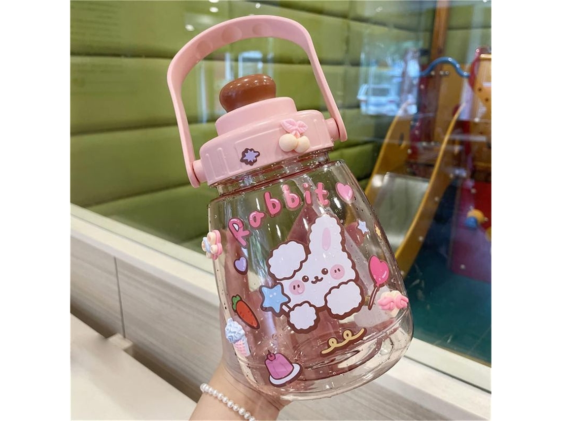 Garrafa de água Kawaii 2026 com Canudo e adesivos, capacidade de 1,3 l, portátil, livre de BPA, cor rosa.