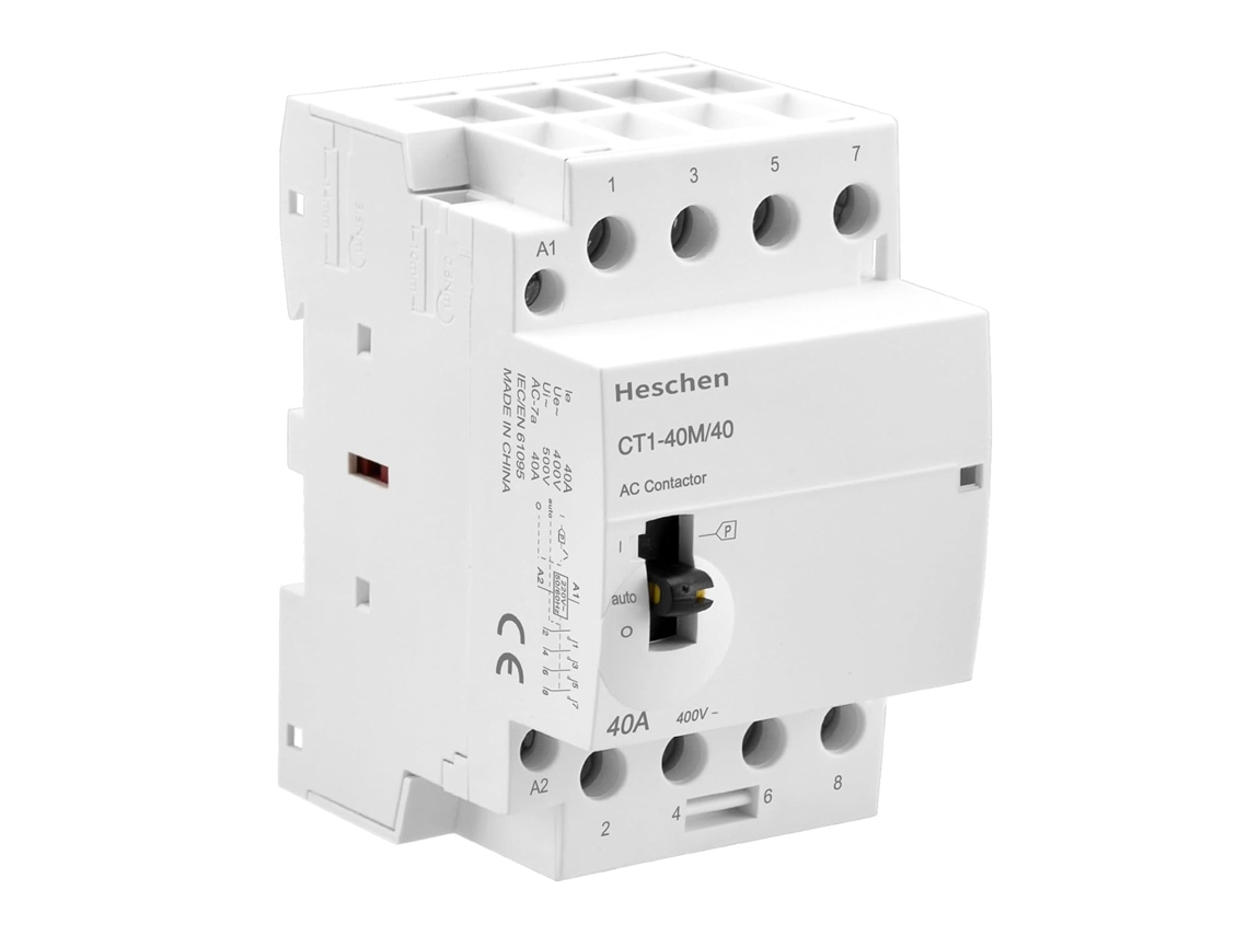 Contator CA modular CT1-40M/40 40A, 4 polos, 4NA, quatro bobinas, normalmente aberto, 220 VCA, para montagem em trilho DIN de 35 mm, com interruptor de controle manual.