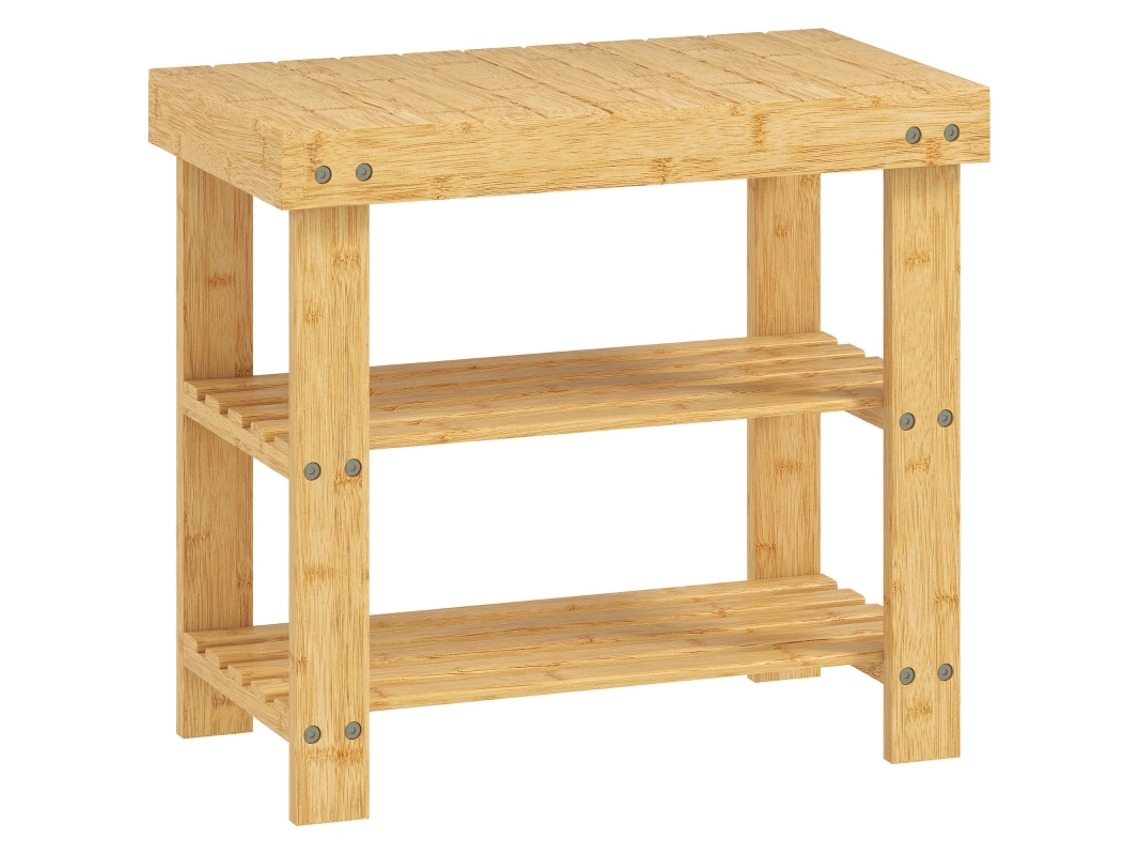 Sapateira em Bambu Com 2 Prateleiras E Assento, para Hall/entrada, 50x28x45cm, Cor Natural