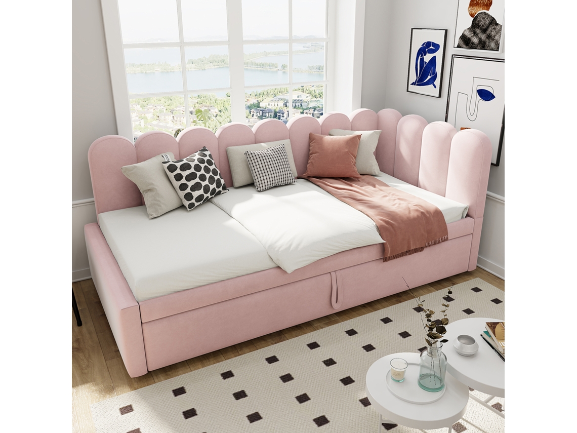 Sofá-cama Canto Multifuncional 2 Em 1 90/180x200 Cm Veludo Rosa, Design Compacto Para Criança Ou Hóspedes