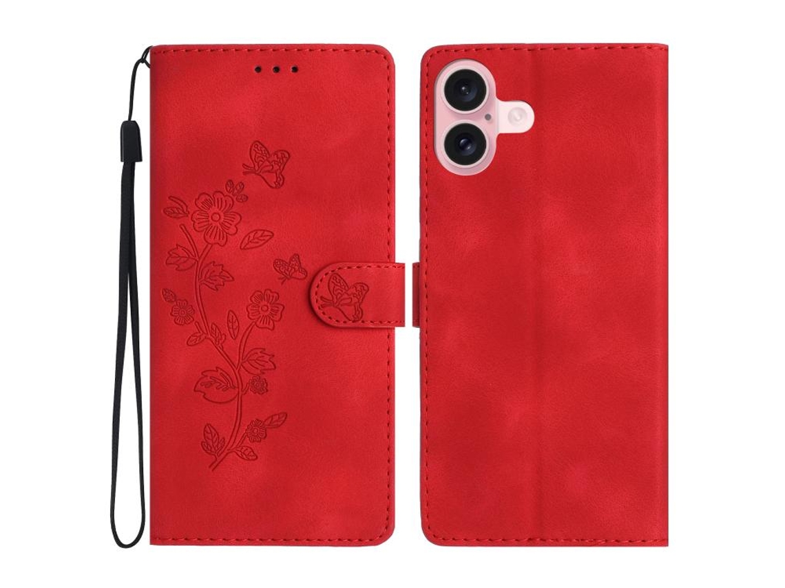 Capa Para Iphone 17 Em Couro Com Flores E Borboletas - Design Em Relevo