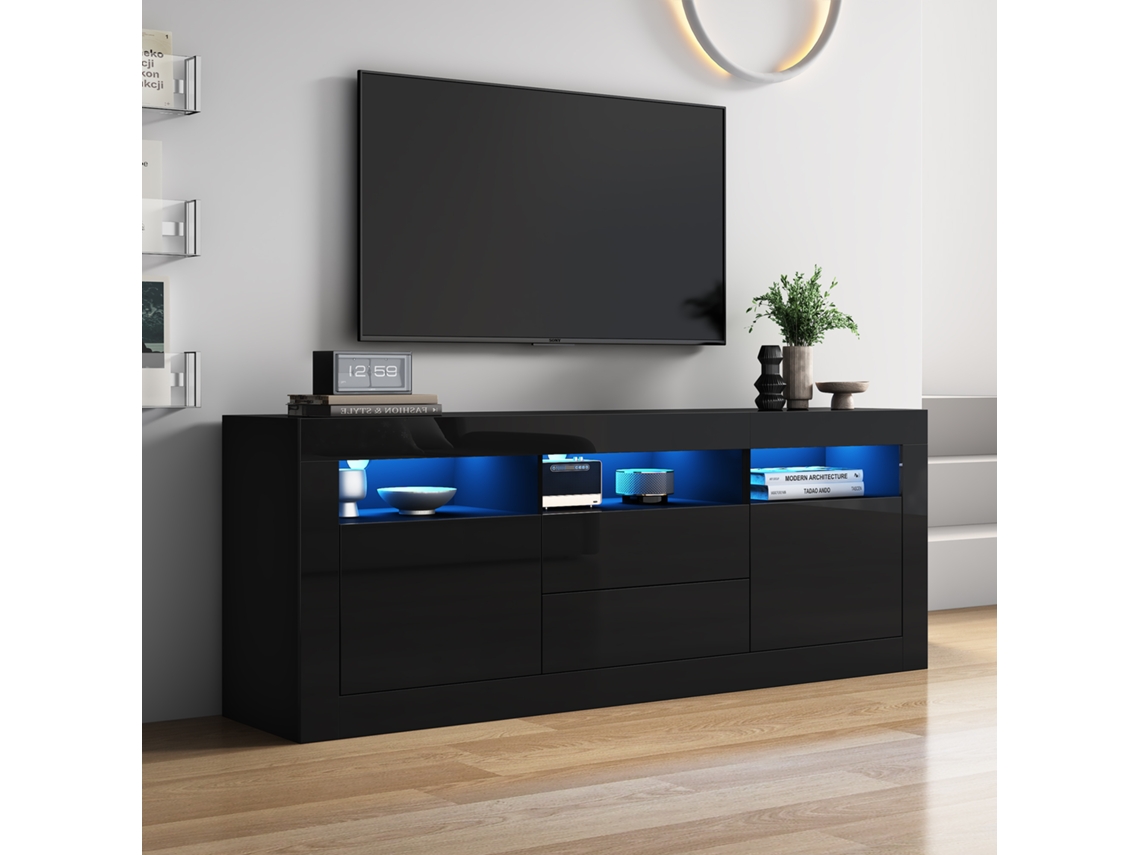 Cômoda Tv Alto Brilho 160x35x60cm, Led, 3 Nichos, 2 Portas, 2 Gavetas, App Smart, Suporta Tv 70 Pol.