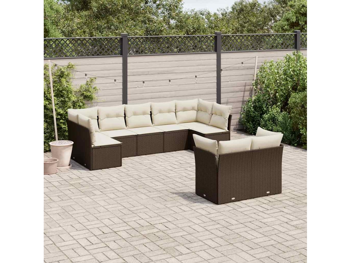 Jogo 9 Peças Sofás P/ Jardim C/ Almofadões Vime Pe Marrom Dkd Home Decor