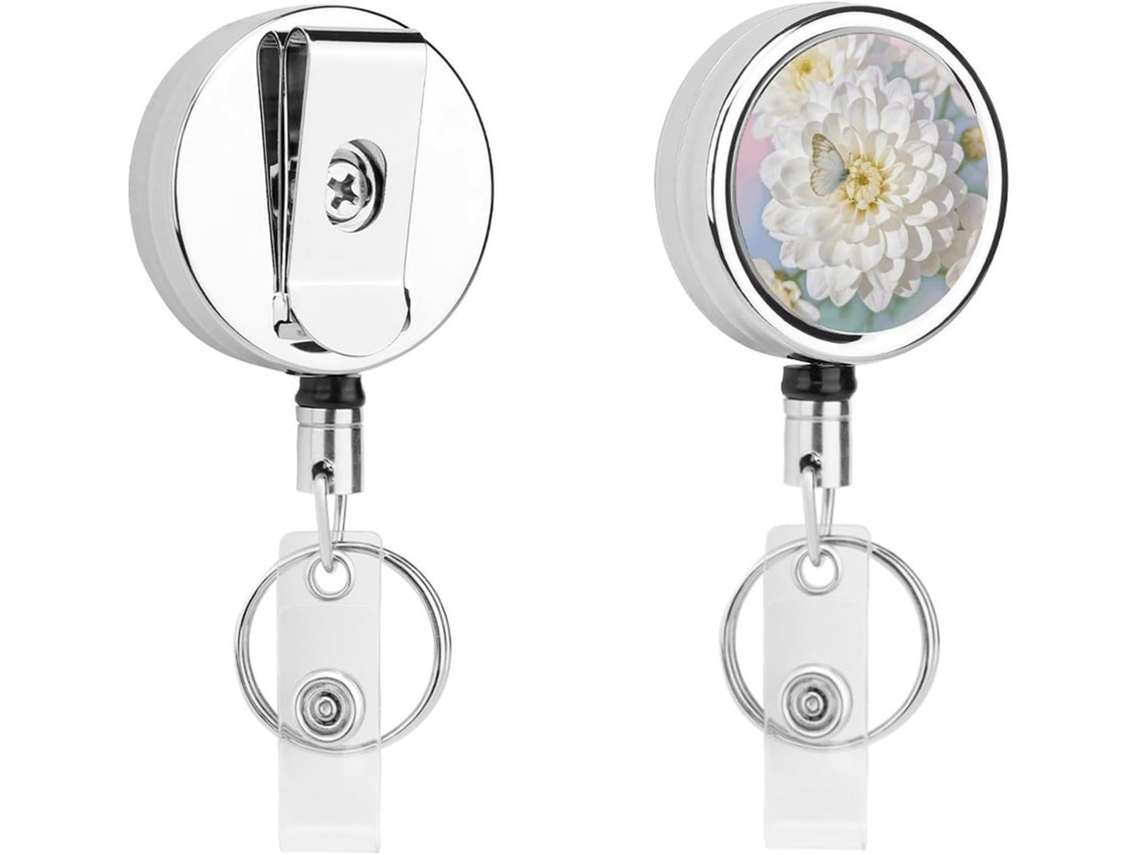 Porta Crachá Retrátil De Metal Com Flor Branca, Portátil, Em Nylon, Com Cabo De Aço Inoxidável De 67cm E Chaveiro Para