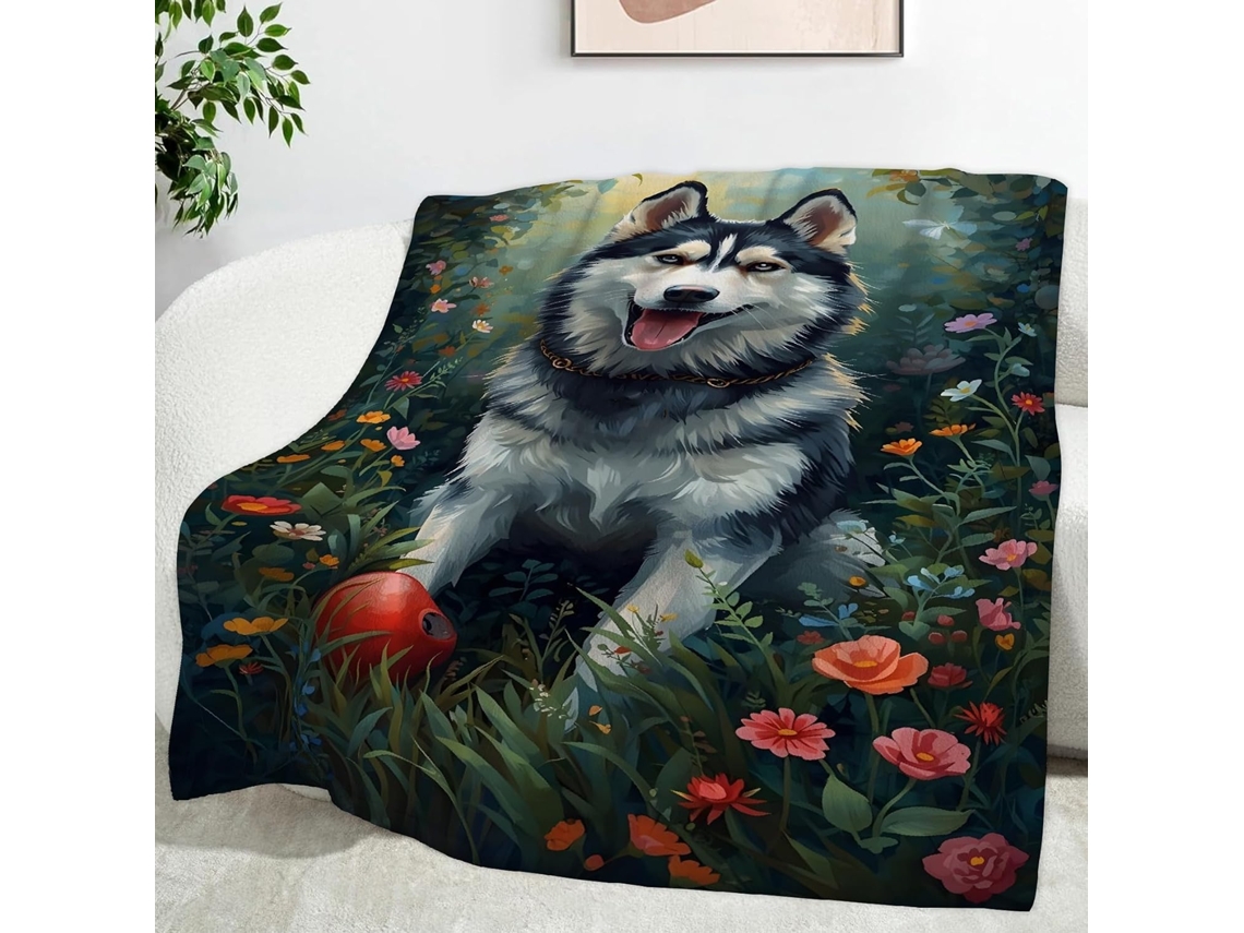 Manta Huskies com Buquê de Flores 150x200 Cm Multifuncional Macia e Aconchegante em Flanela Ideal para Escritó