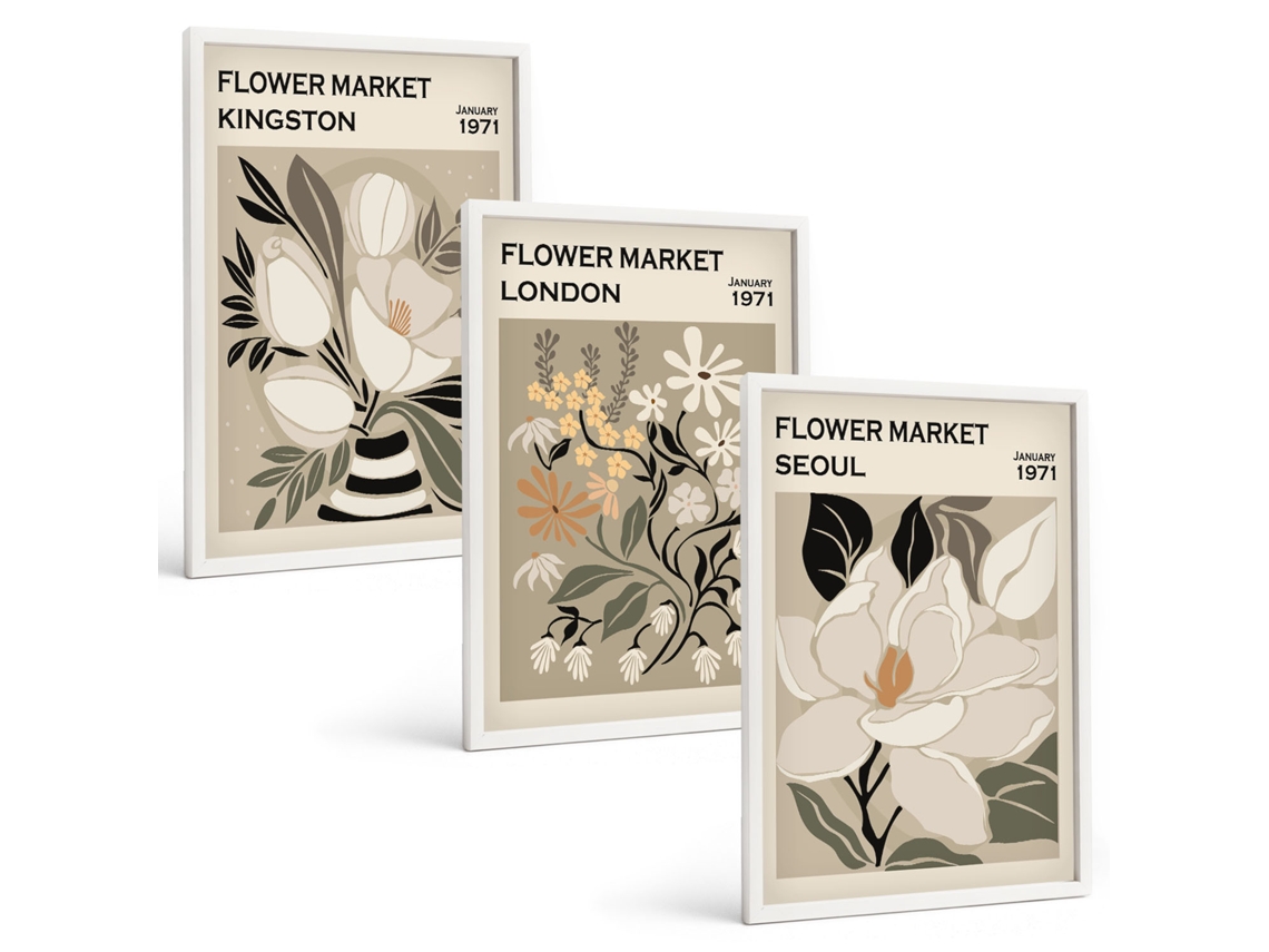 Conjunto De Pinturas Flores Retrô De Cidades Do Mundo Espelharte (3 Peças 40x60 Cm)