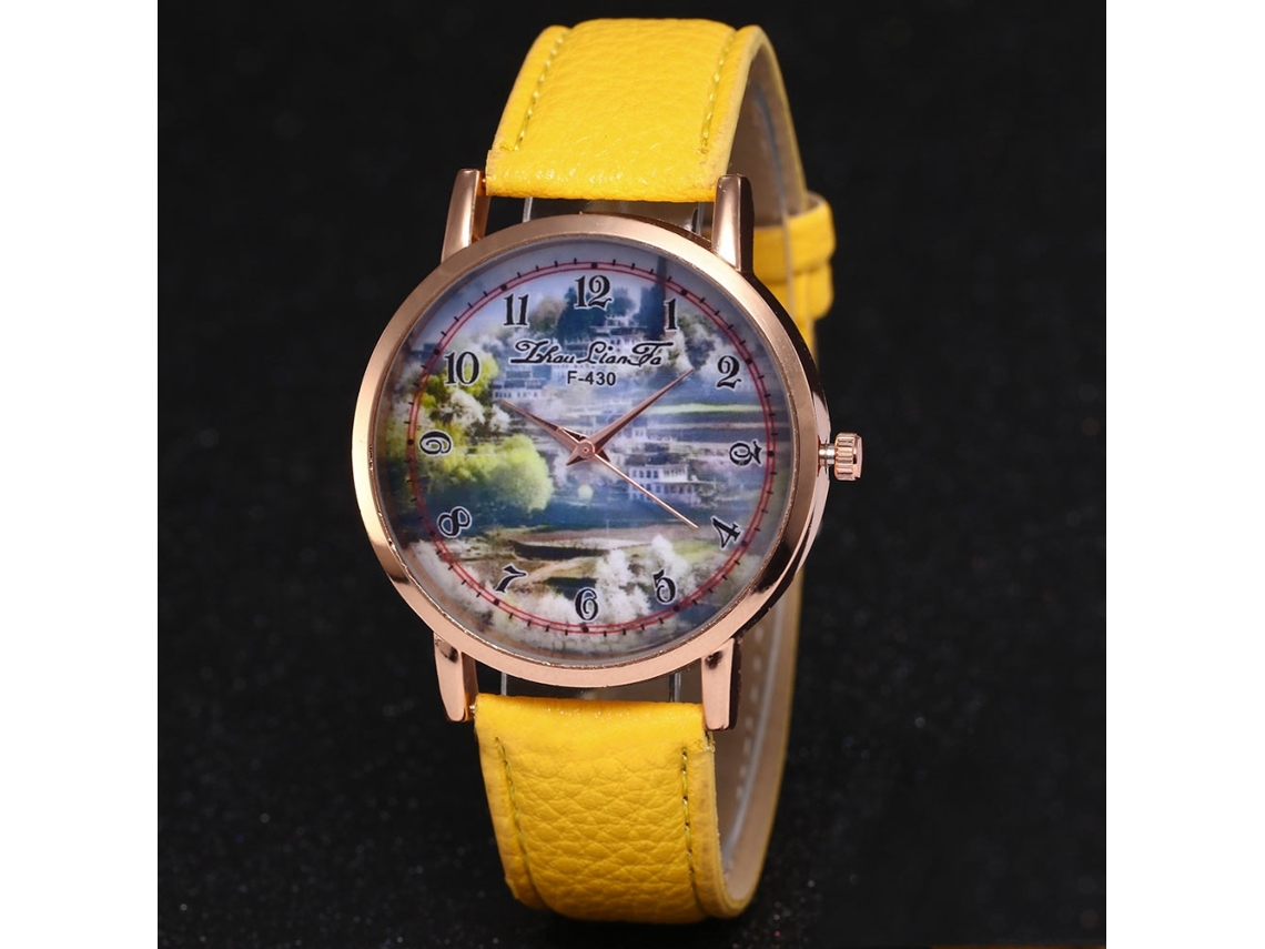 Relógio feminino moderno de quartzo com pulseira de couro PU e mostrador redondo amarelo.