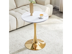 Mesa Lateral Redonda 60 Cm em Mdf com Acabamento Madeira Natural e Base Dourada LAMAISON