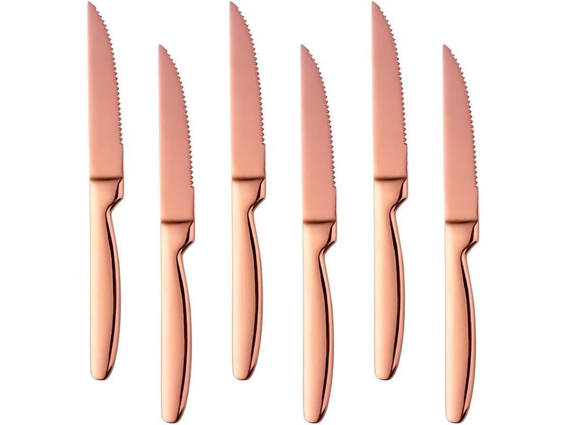 Facas de bife em aço inoxidável 18/0, conjunto de 6 peças, design elegante em ouro rosa, afiadas, 22 cm, para jantares sofisticados e presentes.