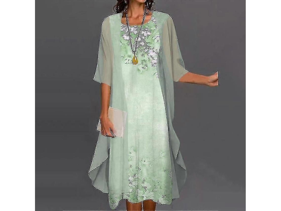 Vestido Boho Para Mulher Com Cardigan Estampado Floral Casual Duas Peças Verde Claro Xl