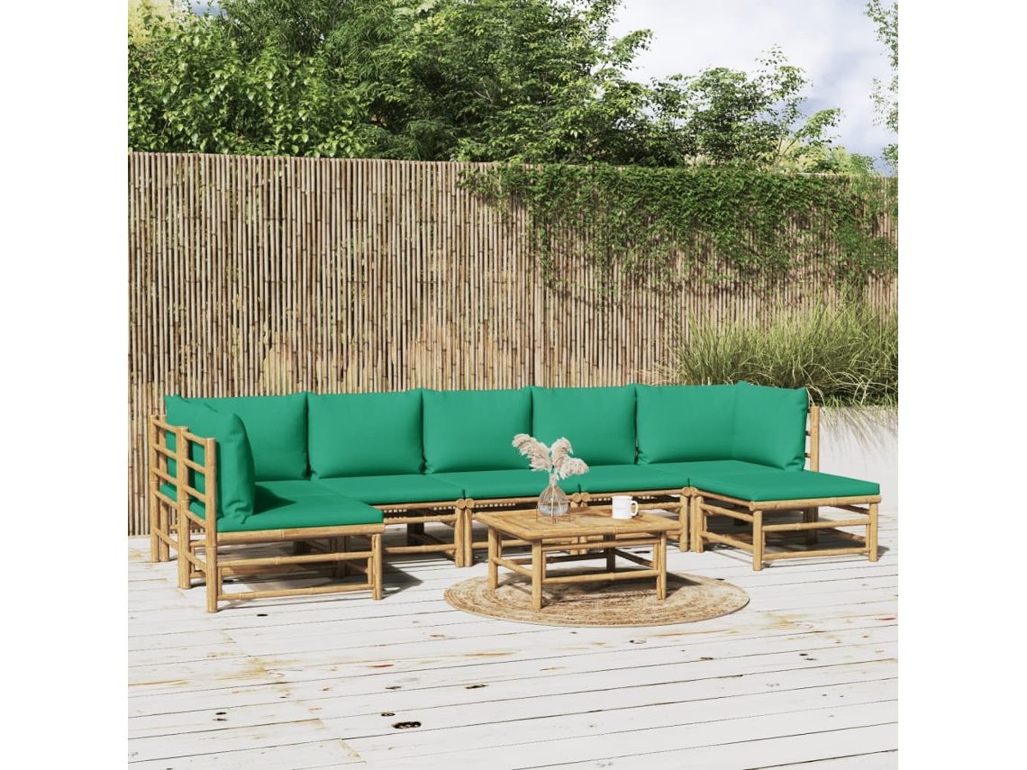 Vidaxl 8 Pcs Conjunto Lounge De Jardim Bambu C/ Almofadões Verdes
