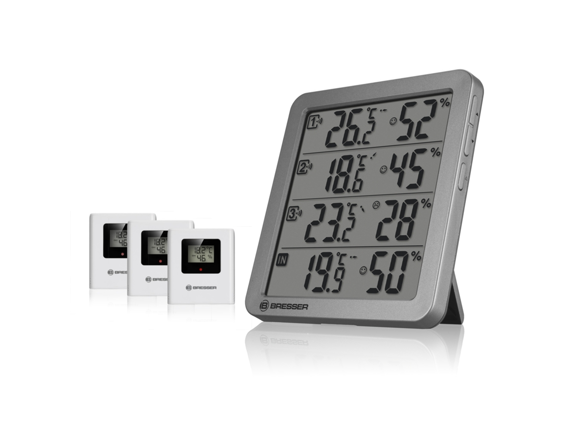 Termómetro e Higrómetro com 1 Sensor Integrado e 3 Sensores Sem Fios-Cinza BRESSER