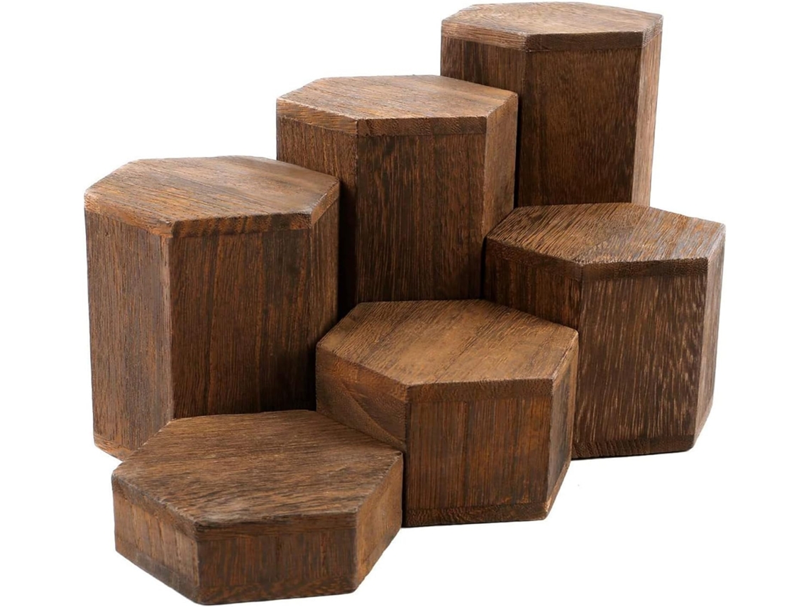 Conjunto De 6 Expositores Hexagonais Madeira Com Base Hexagonal Para Joias, Perfumes, Estatuetas, Copos, Organizador De