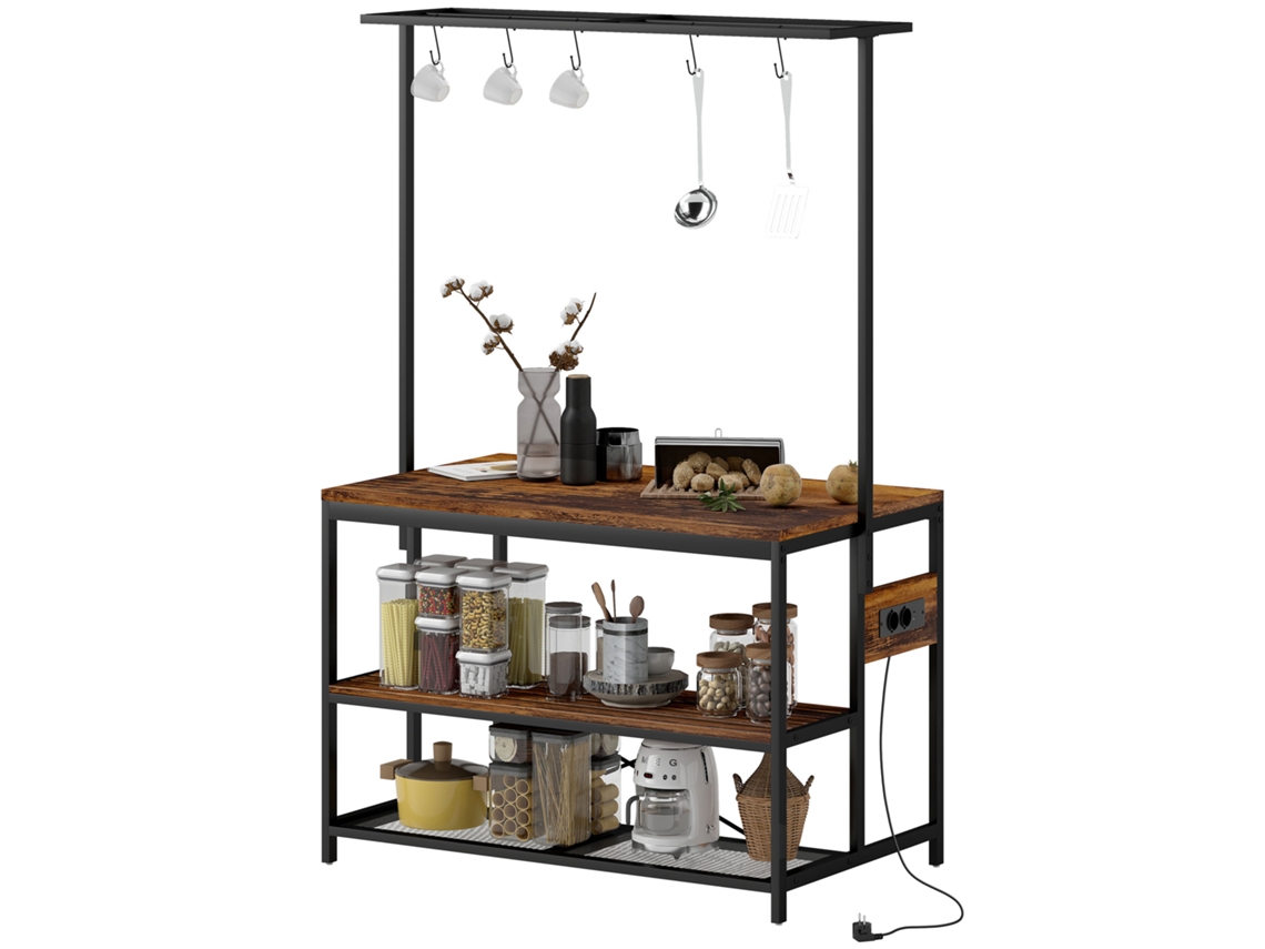 Estante De Cozinha Marrom Rústico 116x70x182cm, Estilo Industrial, Tomada De Corrente, Ganchos E Móvel Auxiliar