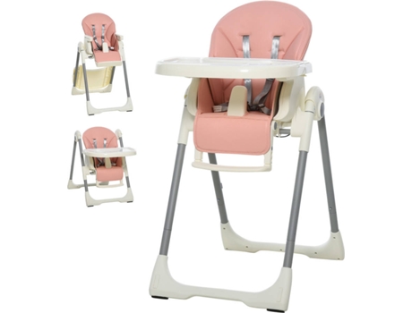 HOMCOM Cadeira de refeição ajustável e dobrável para bebê acima de 6 meses com bandeja dupla 55x80x104 cm Rosa