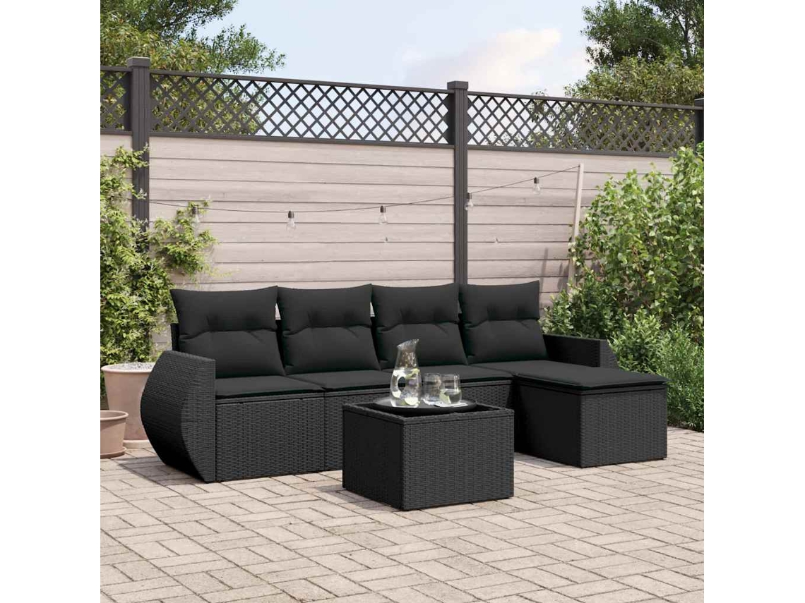 Vidaxl 6 Pcs Conjunto Sofás De Jardim C/ Almofadões Vime Pe Preto
