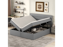 Cama Estofada, 200x140cm, Cama De Casal Com Estrado De Ripas Em Estrutura De Metal, Grande Espaço De Armazenamento, Abertura Em Ambos Os Lados, Cinza.