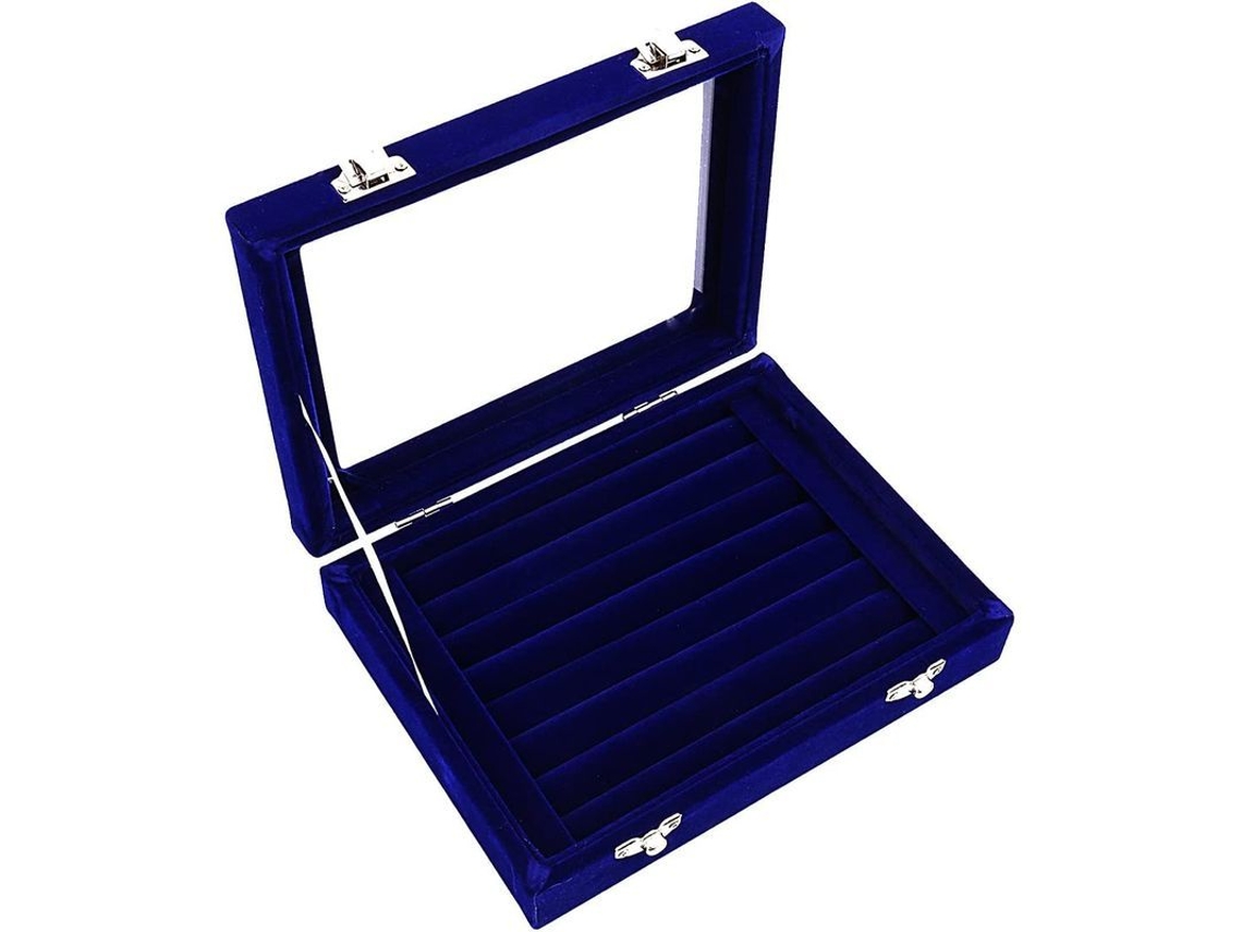 Caixa de Armazenamento de Jóias com Tampo de Vidro Azul para Anéis Brincos Display Elegante Pronta para Presente