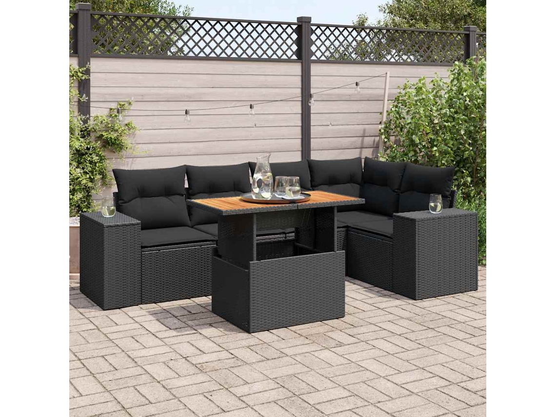 Vidaxl 6 Pcs Conjunto Sofás De Jardim C/ Almofadões Vime Pe Preto