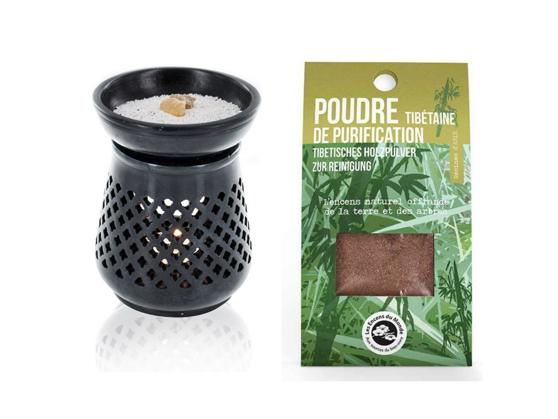 Difusor de incenso de pedra preta + pó de incenso tibetano Les Encens du Monde
