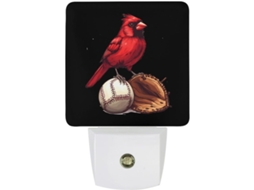 Luminária noturna LED vermelha em formato de bola de beisebol com sensor de iluminação automático.