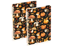 Conjunto De 2 Cadernos Espiral Capa Dura Com Linhas, Estampa Cogumelos Raposa, Tamanho A5, Para