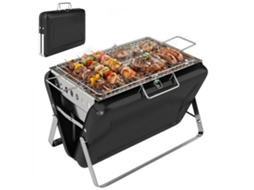 Churrasqueira Defumadora A Carvão Em Aço Inoxidável Com Grelha, Alça E Pés Dobráveis Para Churrasco E Camping, 40x28x25,5cm, Preta.