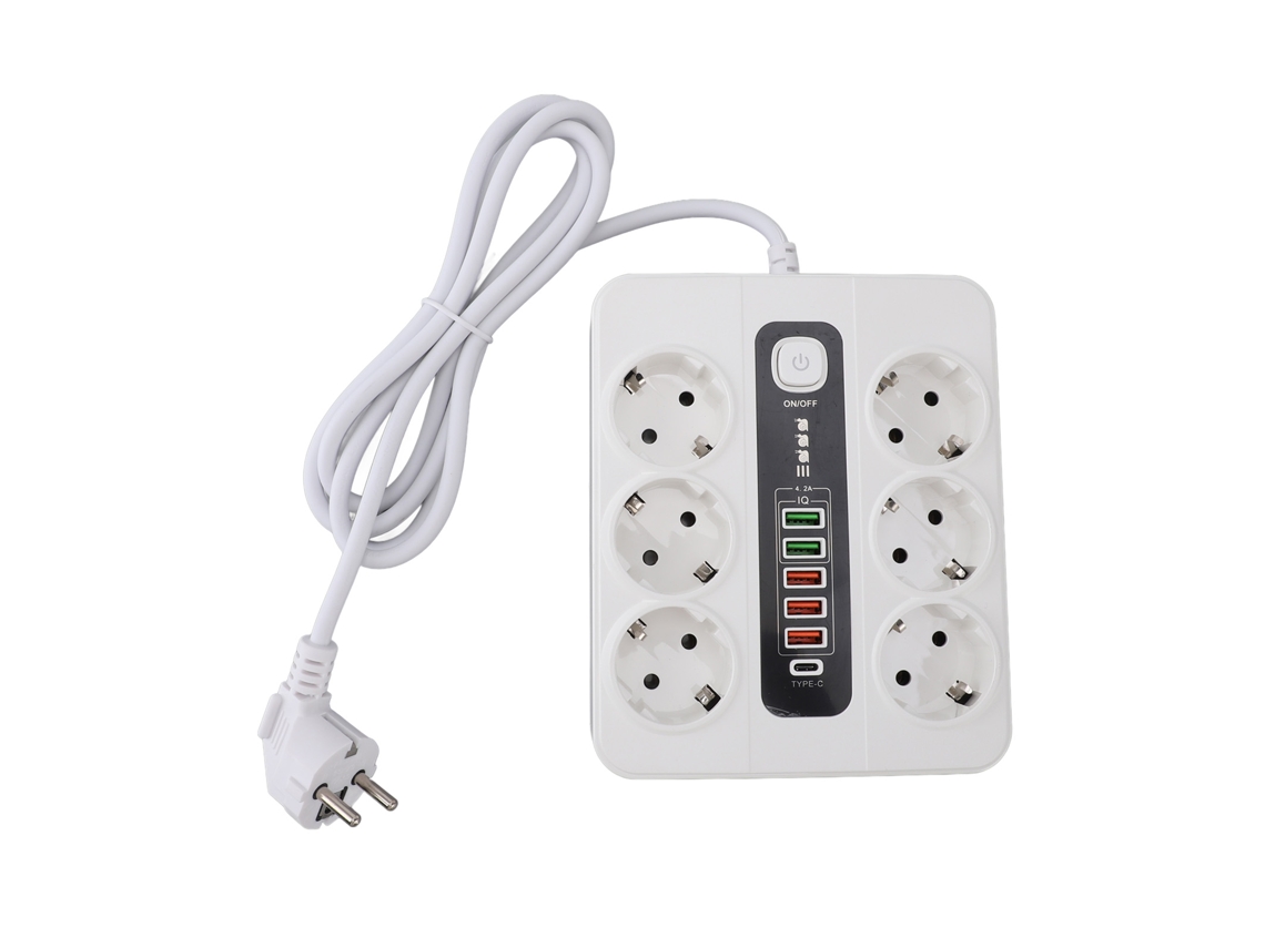 Adaptador de tomada específico para a Europa (alta potência de 3000 W, com múltiplas interfaces: 6 tomadas, 5 portas USB-A e 1 porta USB-C)