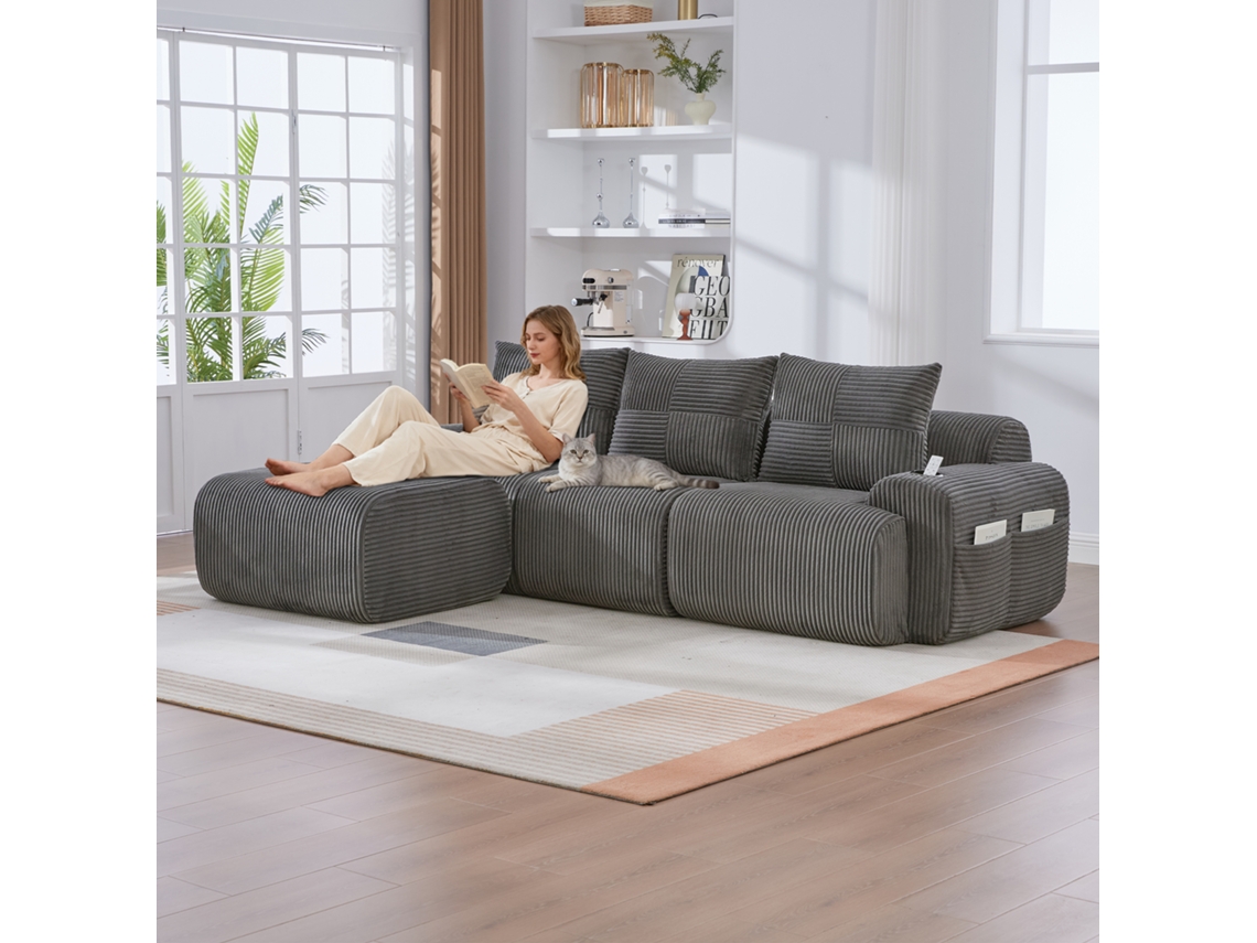 Sofá Modular 3l Veludo Cotelê Pufe Cinza Escuro Decoração VOLTEDGE