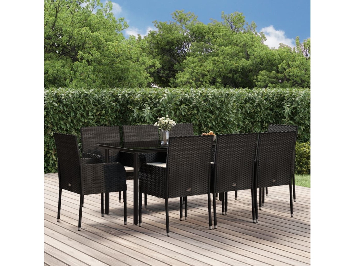 Vidaxl 9 Pcs Conjunto De Jantar P/ Jardim C/ Almofadões Vime Pe Preto